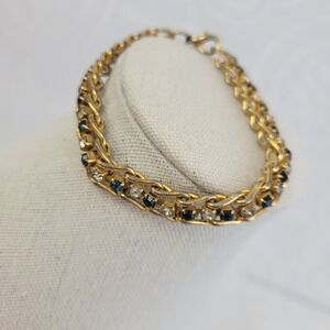 Vintage Gold Tone Rhinestone Link Bracelet Blue Clear Stones 8" Lobster Clasp